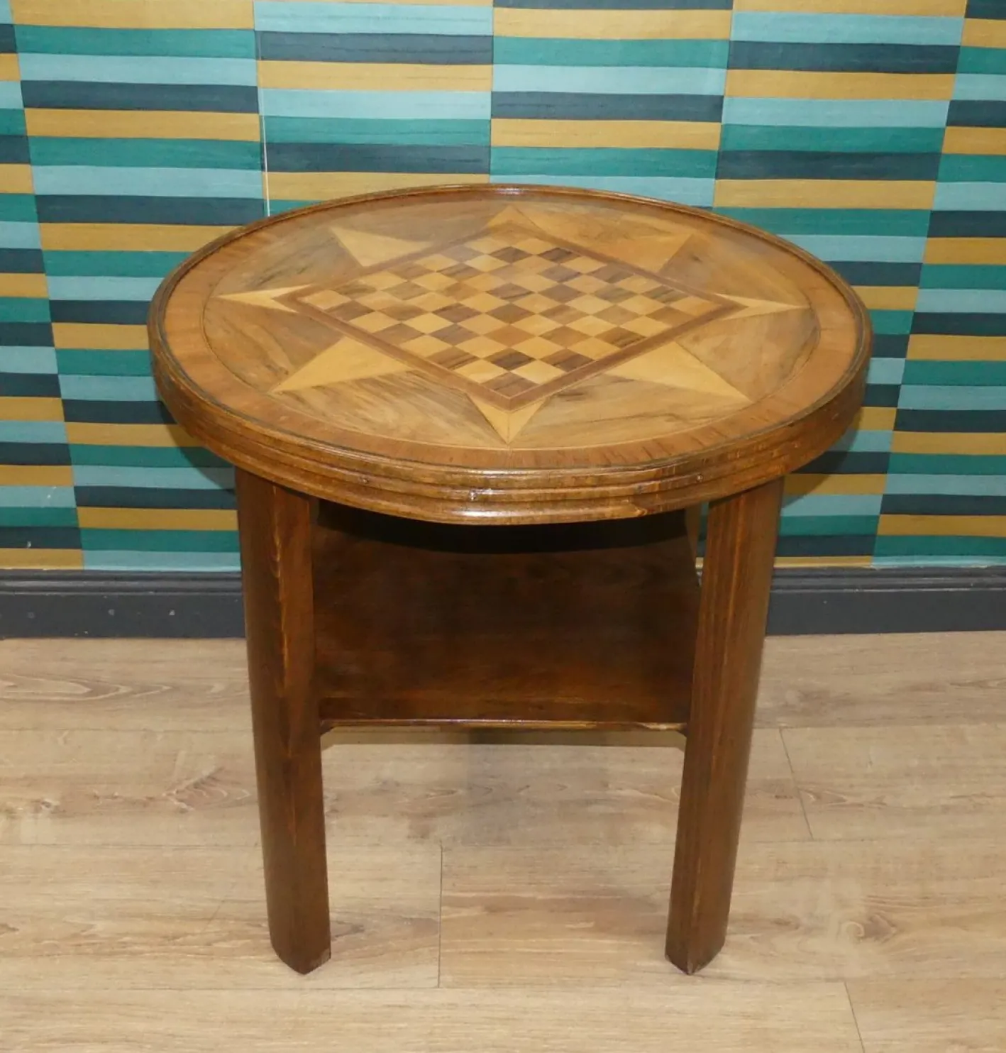Vintage Schachbrett Tisch mit Ablage und Glasplatte, 1950er