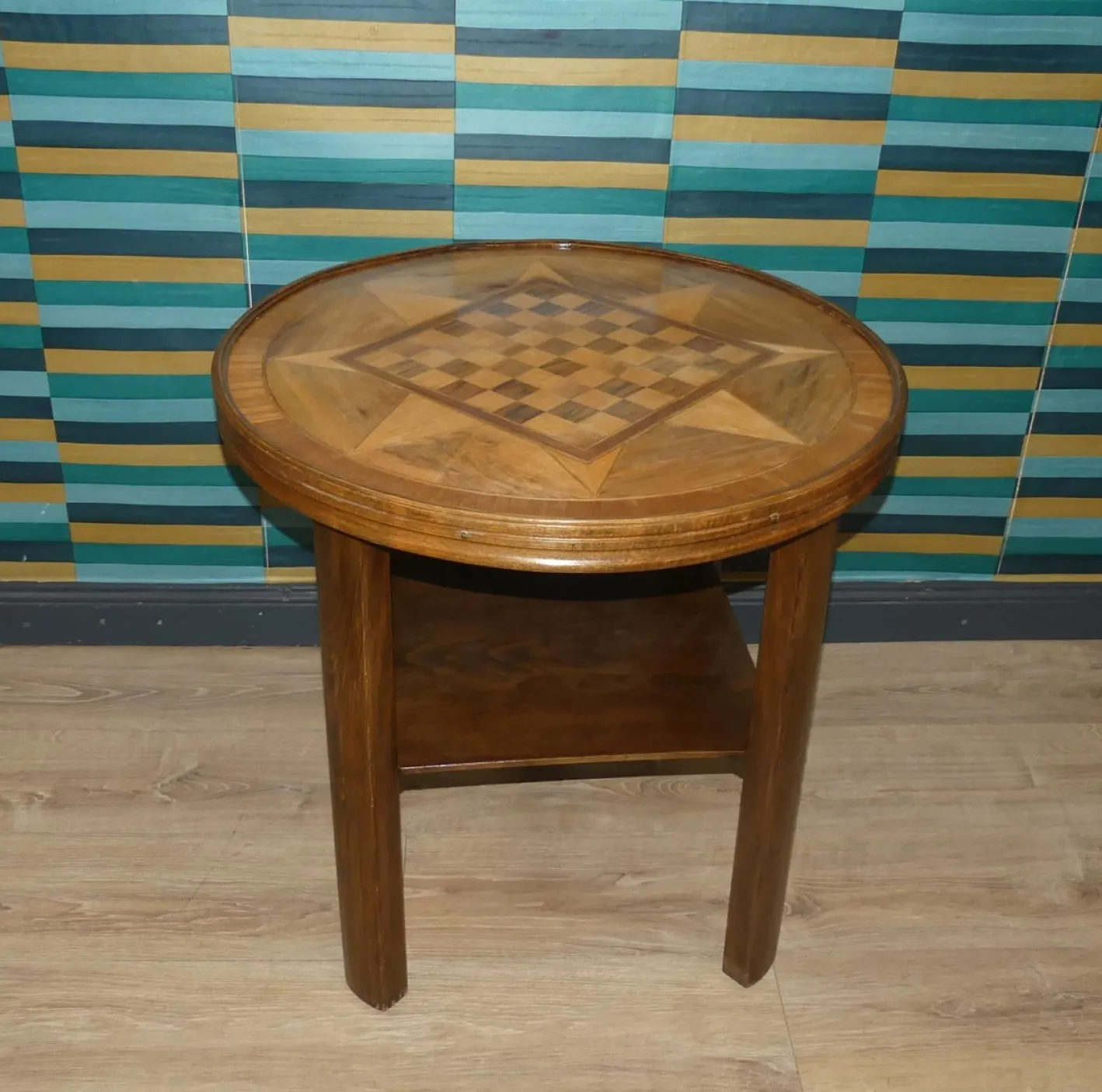 Vintage Schachbrett Tisch mit Ablage und Glasplatte, 1950er