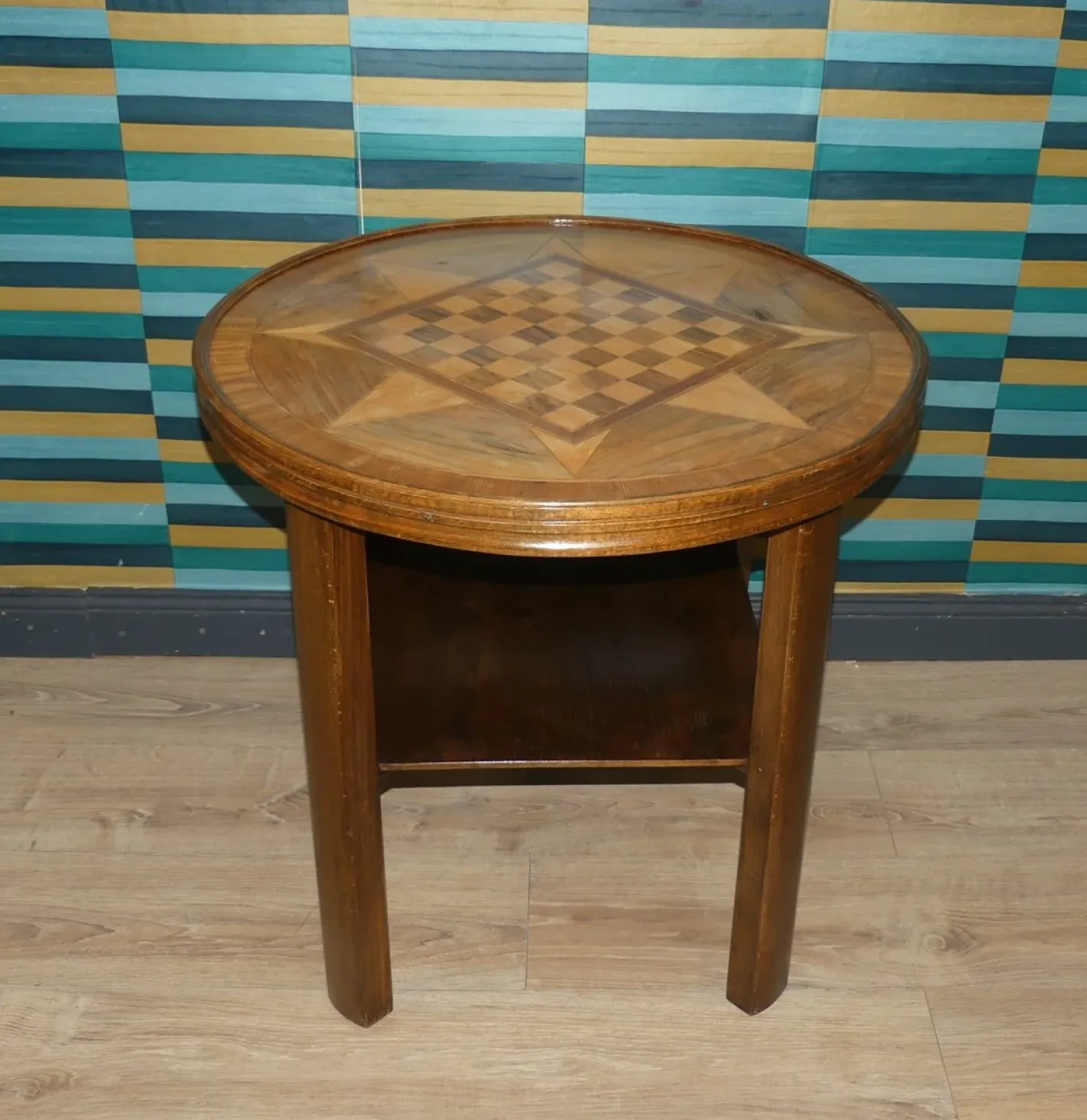 Vintage Schachbrett Tisch mit Ablage und Glasplatte, 1950er