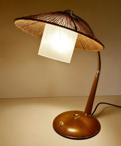 Vintage Schreibtischlampe aus Sisal & Holz von Temde, 1960er