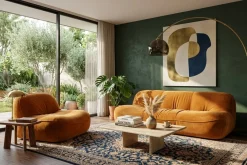 Vintage 3-Seater Sofa and Armchair in Orange Velvet, 1970s, Set of 2
