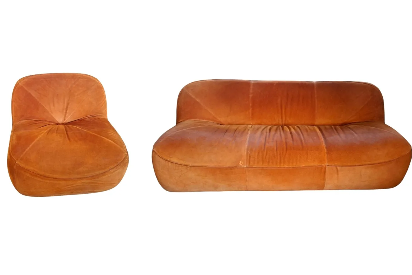 Vintage 3-Seater Sofa and Armchair in Orange Velvet, 1970s, Set of 2