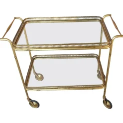 Vintage Servierwagen mit zwei Regalen aus Messing & Kristallglas, 1940er