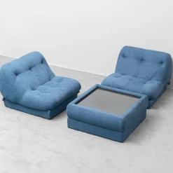 Vintage Sessel mit Couchtisch in Blauem Stoff, 1970er, 3er Set