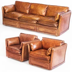 Vintage Sofa & Sessel aus Kamelfarbenem Büffelleder von Roche Bobois, France, 1980er, 3er Set