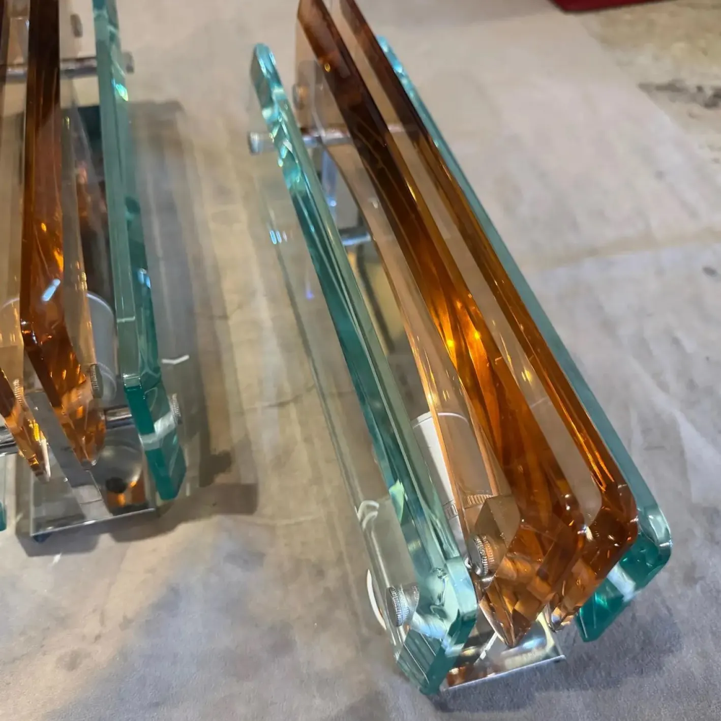 Vintage Space Age Wandleuchten aus dickem Glas & Chrom von Lupi Cristal Luxor, 1960er, 2er Set