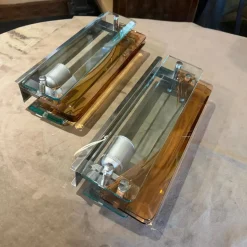 Vintage Space Age Wandleuchten aus dickem Glas & Chrom von Lupi Cristal Luxor, 1960er, 2er Set