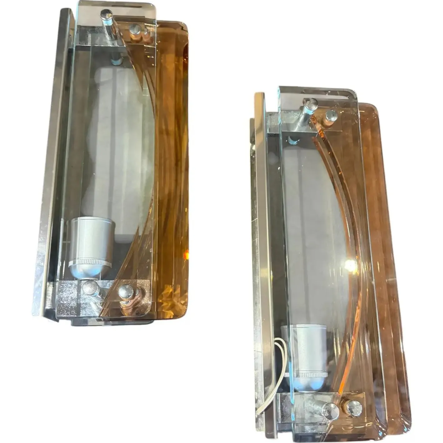 Vintage Space Age Wandleuchten aus dickem Glas & Chrom von Lupi Cristal Luxor, 1960er, 2er Set