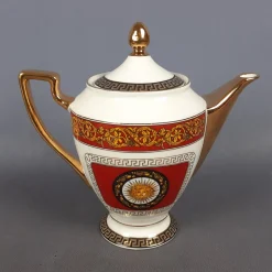 Vintage Versailles Porzellanservice Teekanne, Milchkanne & Tablett in Weiß, Gold & Rot, 3er Set
