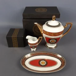 Vintage Versailles Porzellanservice Teekanne, Milchkanne & Tablett in Weiß, Gold & Rot, 3er Set