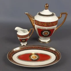 Vintage Versailles Porzellanservice Teekanne, Milchkanne & Tablett in Weiß, Gold & Rot, 3er Set