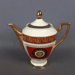 Vintage Versailles Porzellanservice Teekanne, Milchkanne & Tablett in Weiß, Gold & Rot, 3er Set