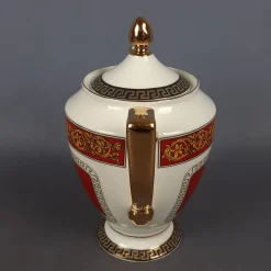 Vintage Versailles Porzellanservice Teekanne, Milchkanne & Tablett in Weiß, Gold & Rot, 3er Set