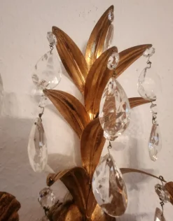 Vintage Wandlampe mit Zwei Leuchten aus Blattgold & Kristallglas, 1960er