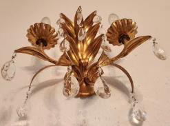 Vintage Wandlampe mit Zwei Leuchten aus Blattgold & Kristallglas, 1960er