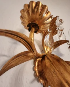 Vintage Wandlampe mit Zwei Leuchten aus Blattgold & Kristallglas, 1960er