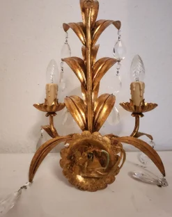 Vintage Wandlampe mit Zwei Leuchten aus Blattgold & Kristallglas, 1960er