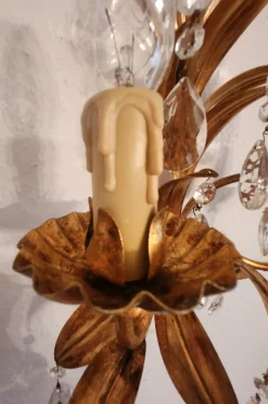 Vintage Wandlampe mit Zwei Leuchten aus Blattgold & Kristallglas, 1960er