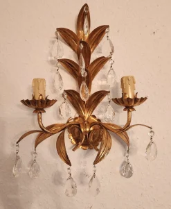 Vintage Wandlampe mit Zwei Leuchten aus Blattgold & Kristallglas, 1960er