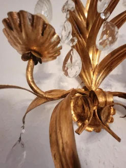 Vintage Wandlampe mit Zwei Leuchten aus Blattgold & Kristallglas, 1960er