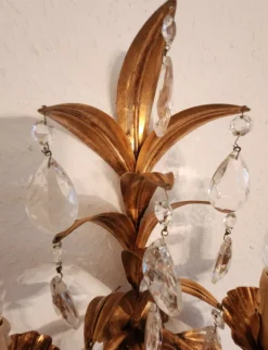 Vintage Wandlampe mit Zwei Leuchten aus Blattgold & Kristallglas, 1960er