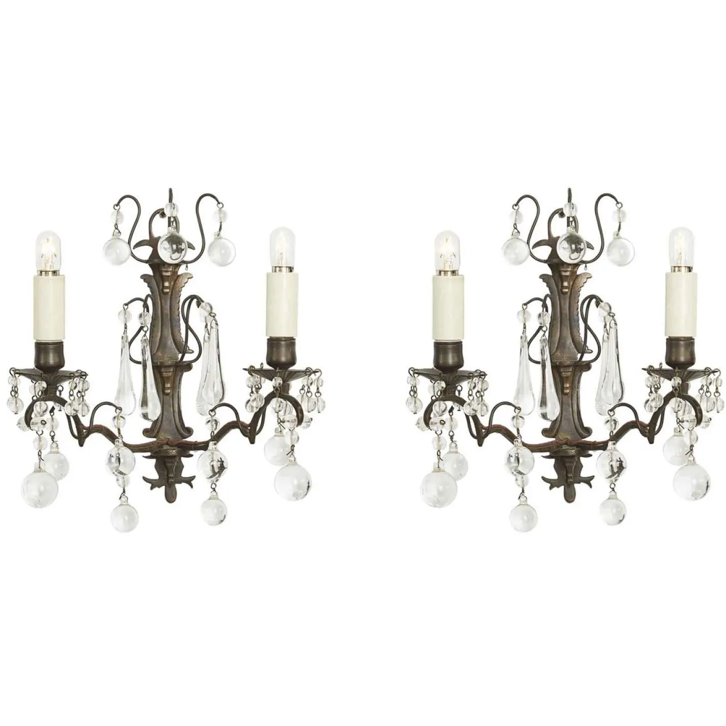 Wandlampen aus Messing & Kristallglas, 1900er, 2er Set