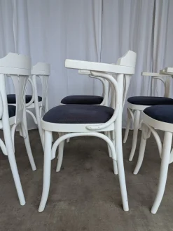 Weiße Vintage Esszimmerstühle aus Bugholz mit blauen Stoffsitzen, 1970er, 6er Set