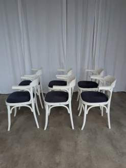 Weiße Vintage Esszimmerstühle aus Bugholz mit blauen Stoffsitzen, 1970er, 6er Set
