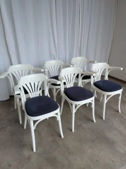 Weiße Vintage Esszimmerstühle aus Bugholz mit blauen Stoffsitzen, 1970er, 6er Set