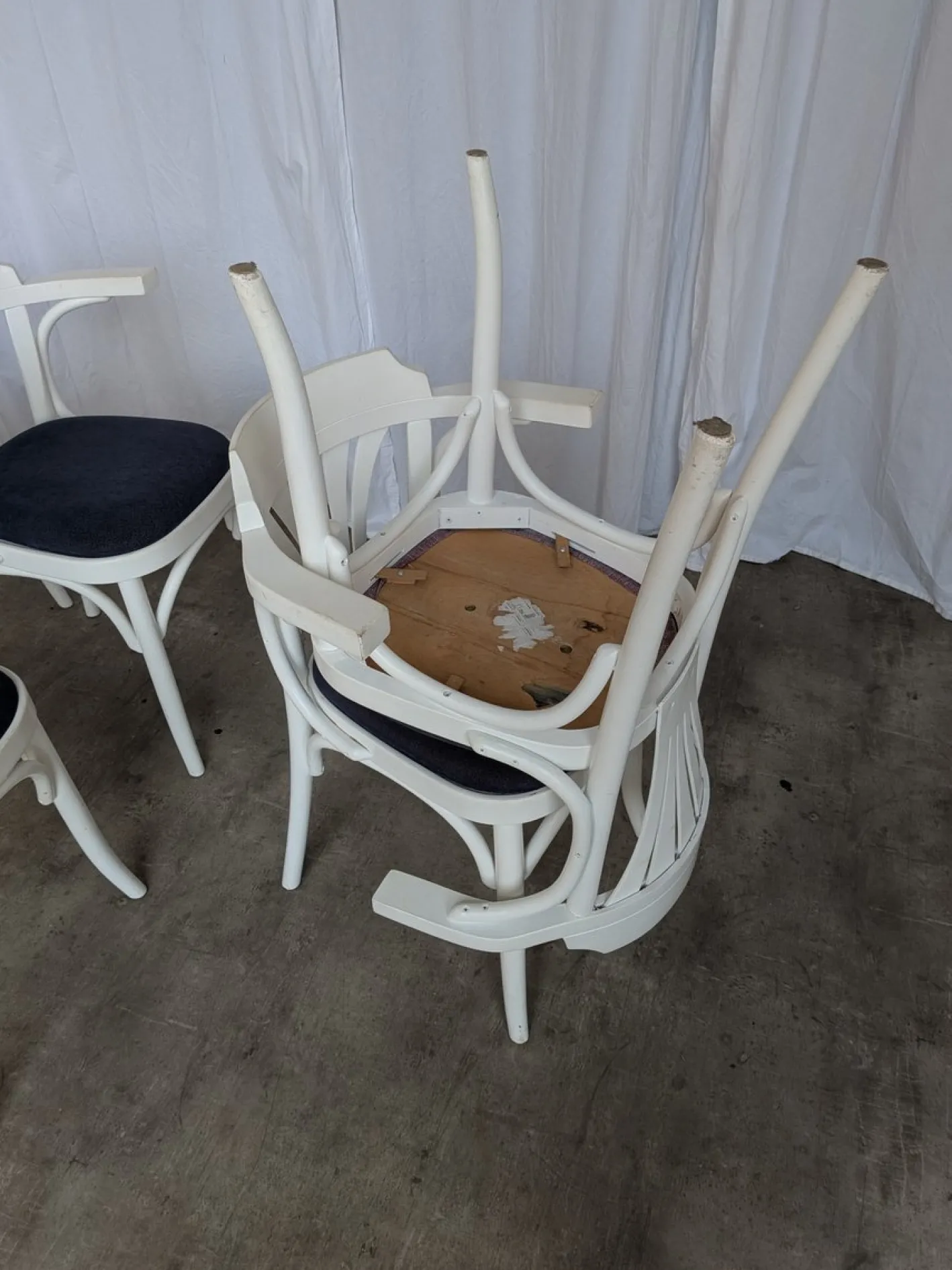Weiße Vintage Esszimmerstühle aus Bugholz mit blauen Stoffsitzen, 1970er, 6er Set