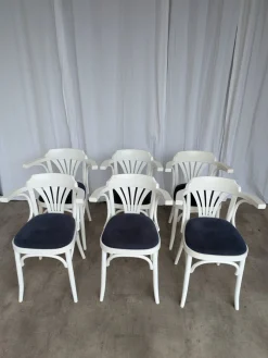 Weiße Vintage Esszimmerstühle aus Bugholz mit blauen Stoffsitzen, 1970er, 6er Set