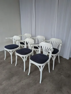Weiße Vintage Esszimmerstühle aus Bugholz mit blauen Stoffsitzen, 1970er, 6er Set