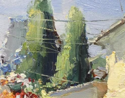 Yuriy Demiyanov, Landschaft mit Zypressen, 2020, Öl auf Leinwand